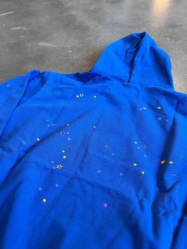 Blue and yellow sp5der hoodie