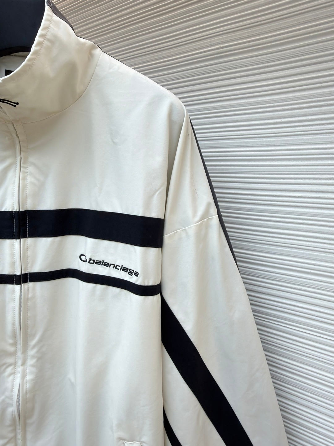 White BALENCIAGA STRIPED HIGH COLLAR JACKET