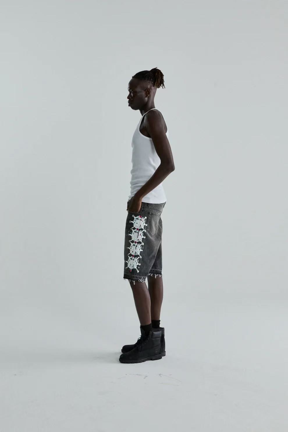 Sp5der Web Stone Denim Shorts 'Black Wash