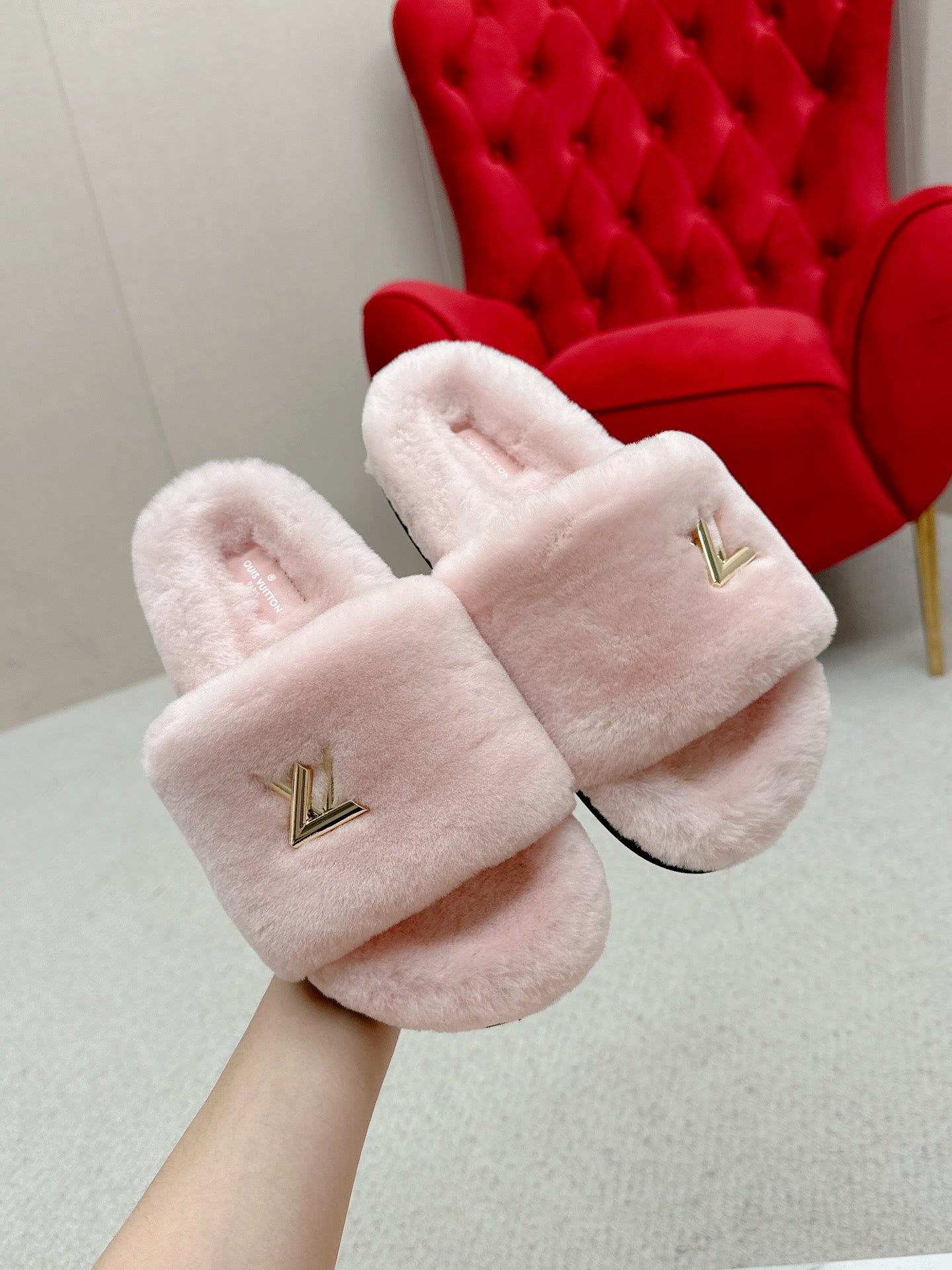 Pink Louis vitton  fur slides