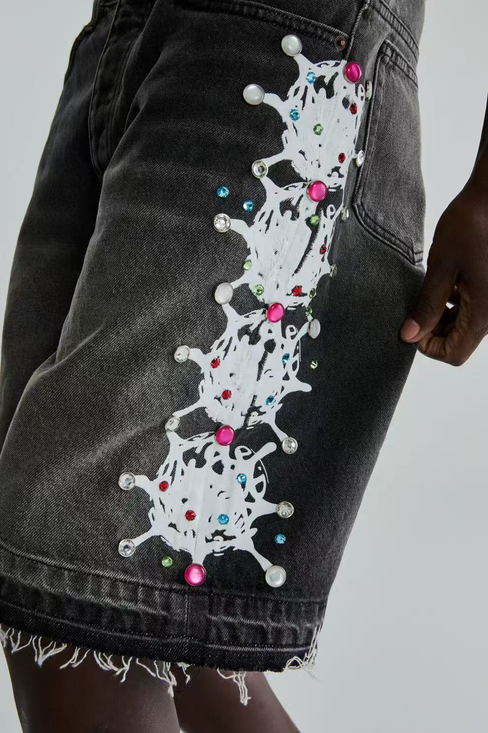 Sp5der Web Stone Denim Shorts 'Black Wash