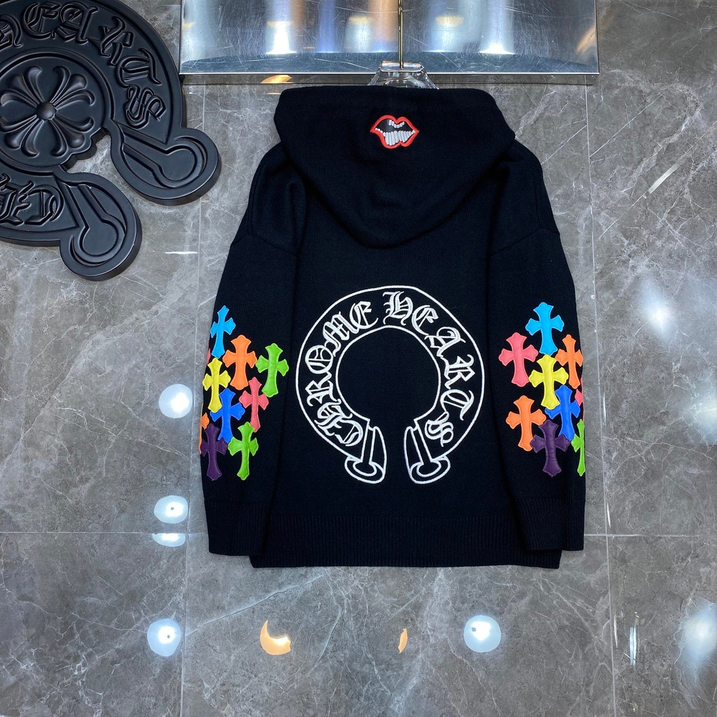 Black chrome hearts zip up  jacket with colorful crosses