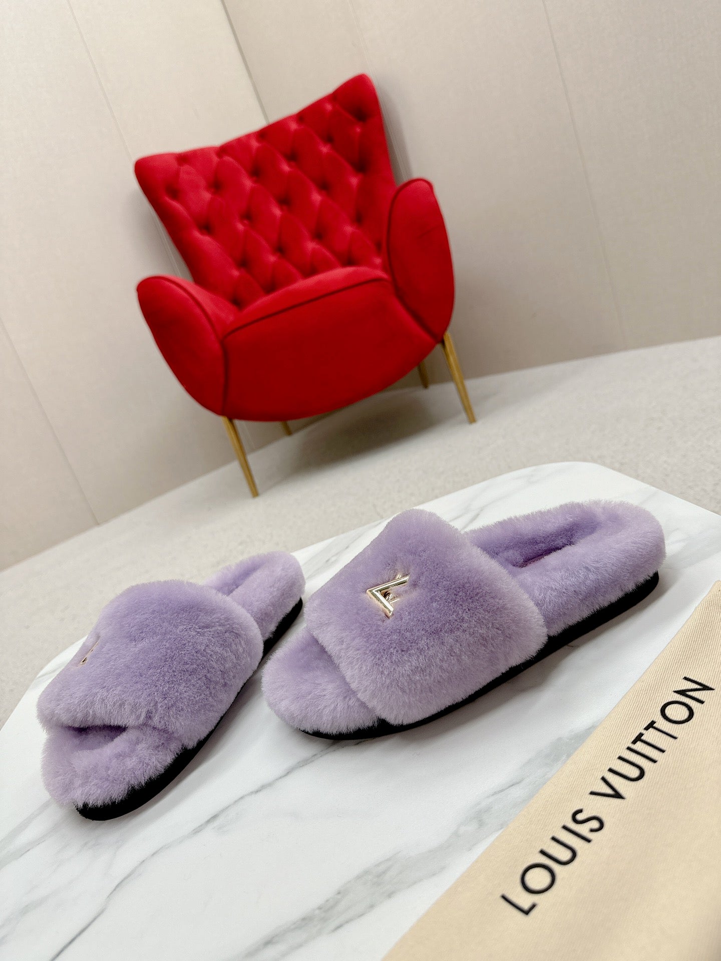 Purple Louis vitton  fur slides