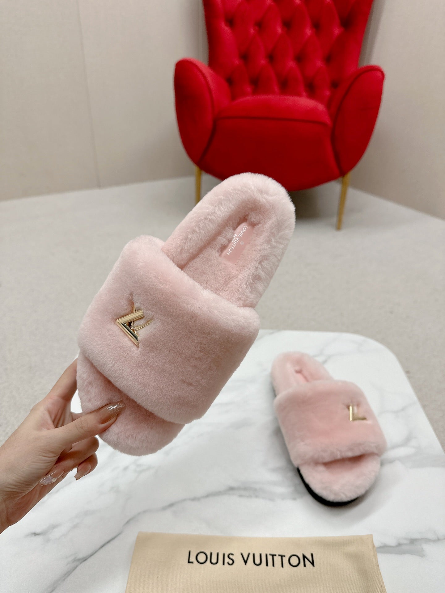 Pink Louis vitton  fur slides
