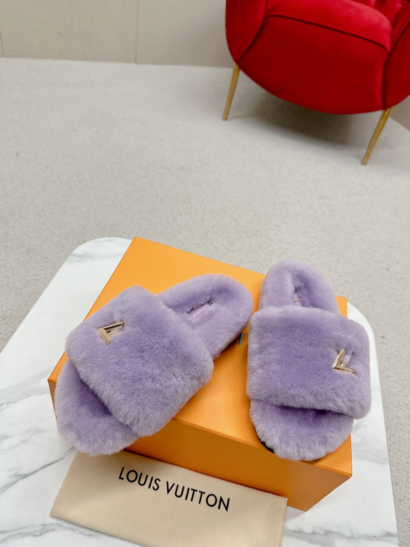 Purple Louis vitton  fur slides