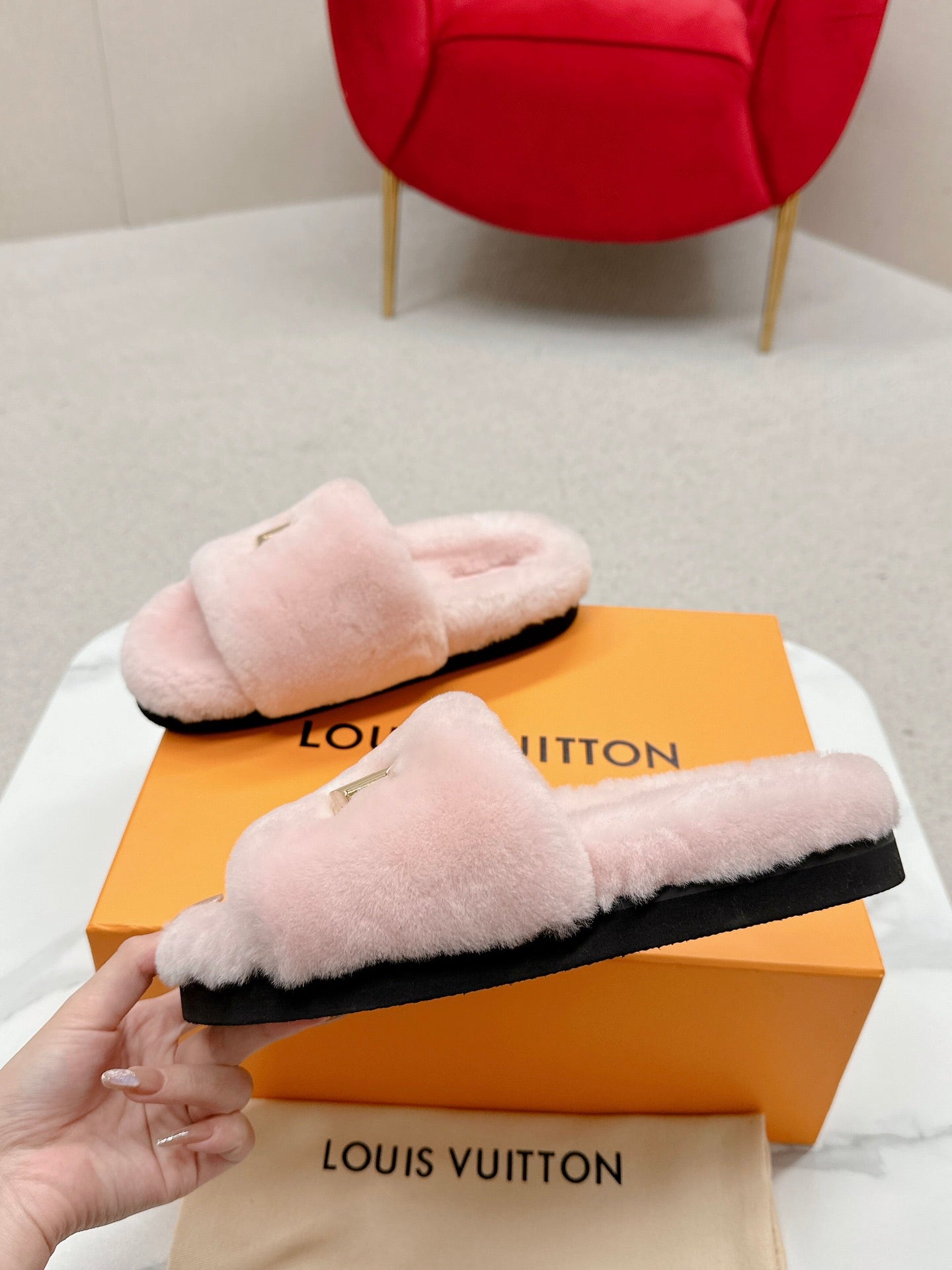 Pink Louis vitton  fur slides