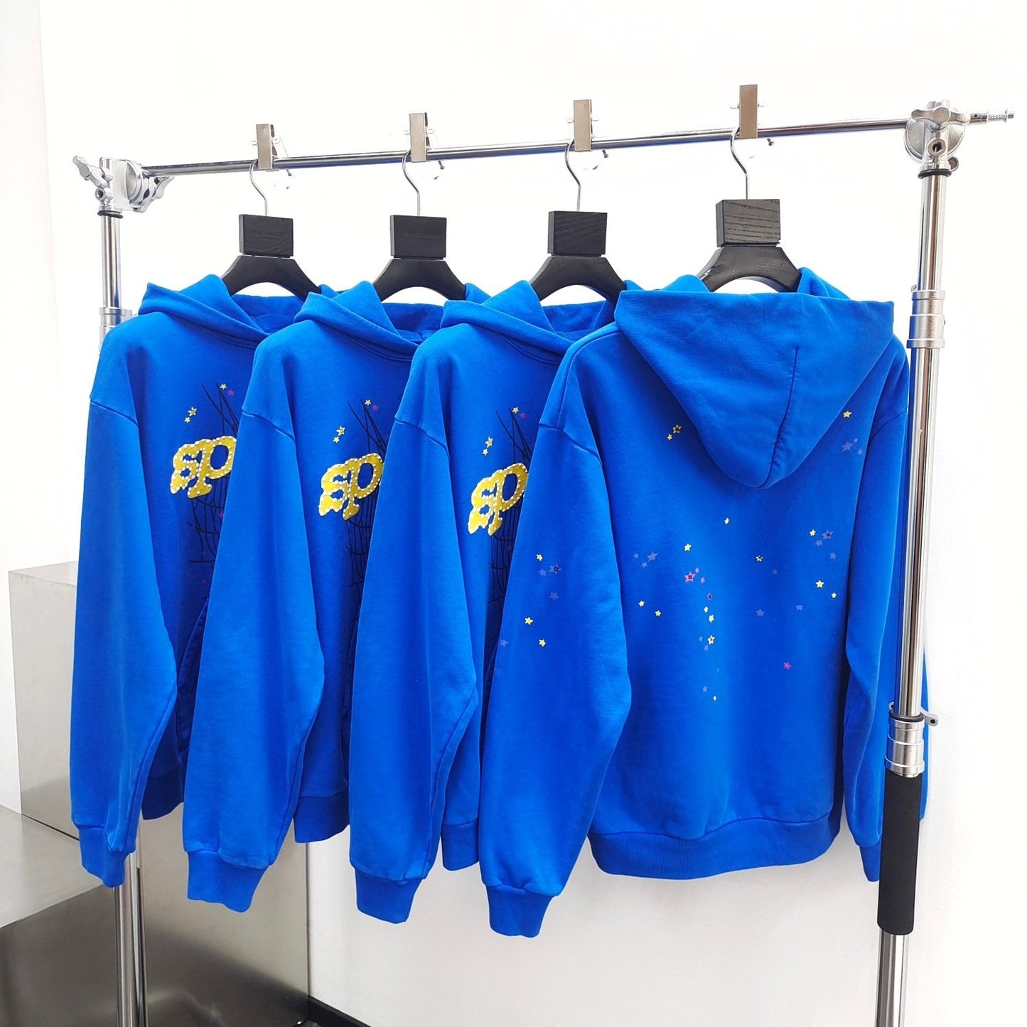 Blue and yellow sp5der hoodie