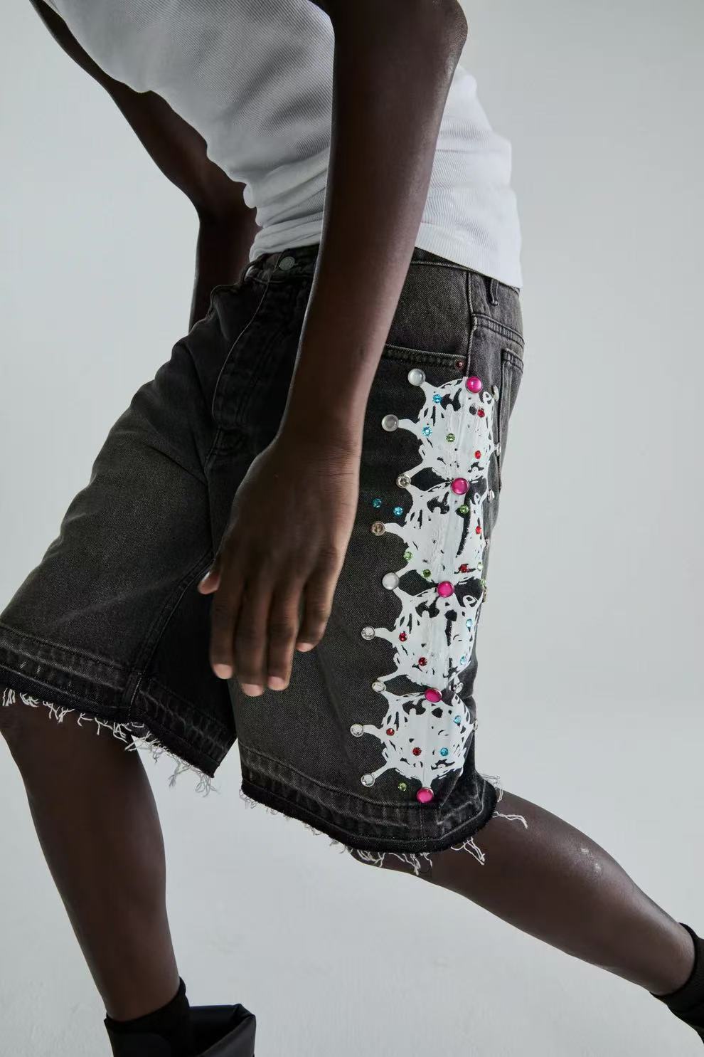 Sp5der Web Stone Denim Shorts 'Black Wash