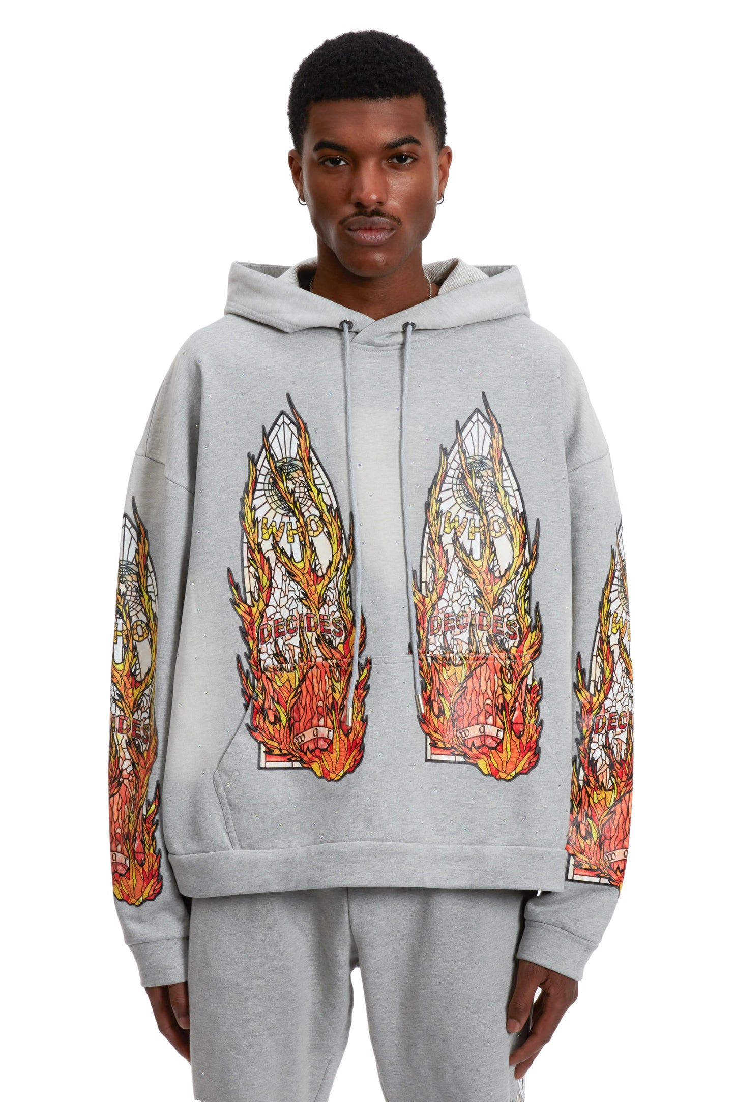 WHO DECIDES WAR gray flame glass hoodie