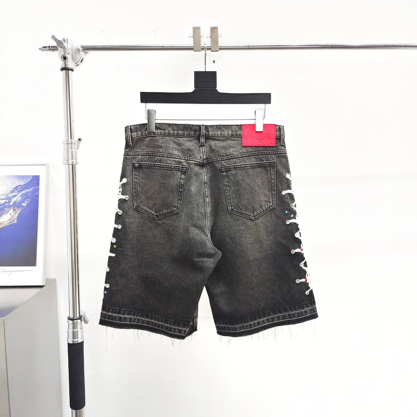 Sp5der Web Stone Denim Shorts 'Black Wash