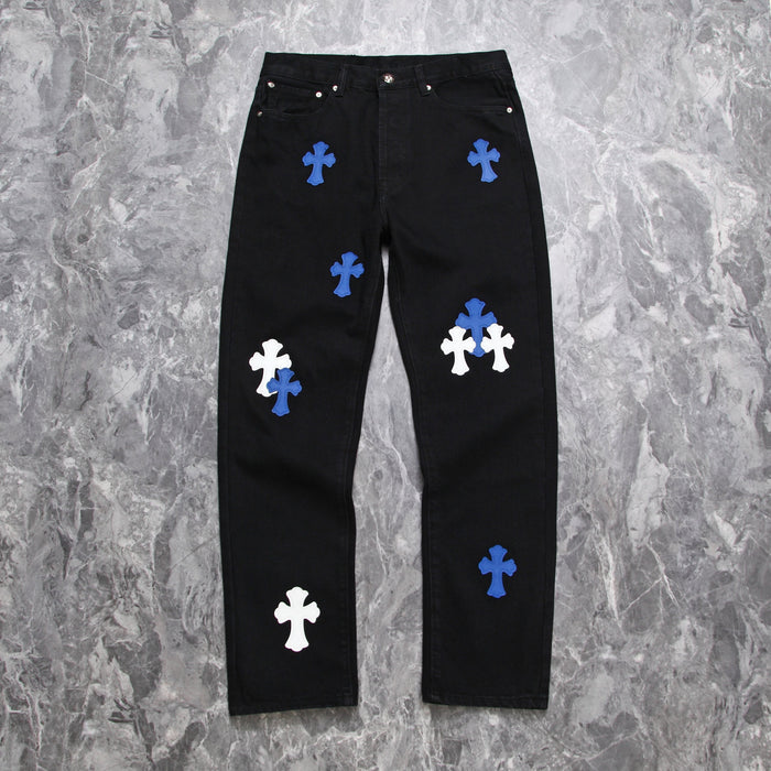 Chrome hearts jeans with colorful crosses