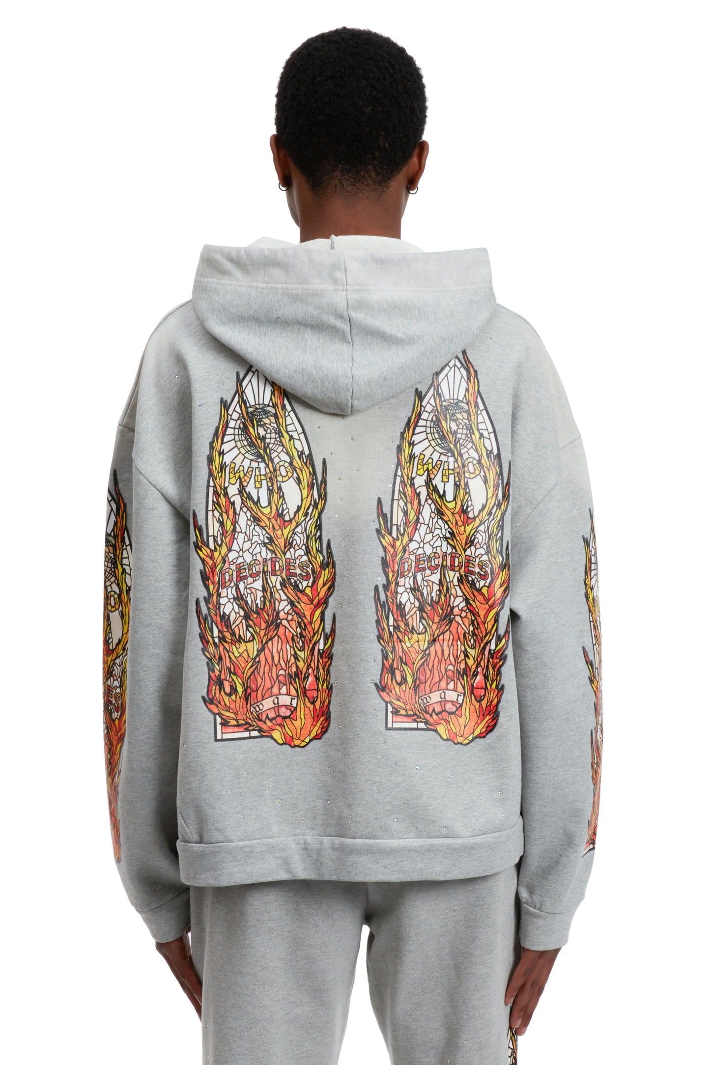 WHO DECIDES WAR gray flame glass hoodie