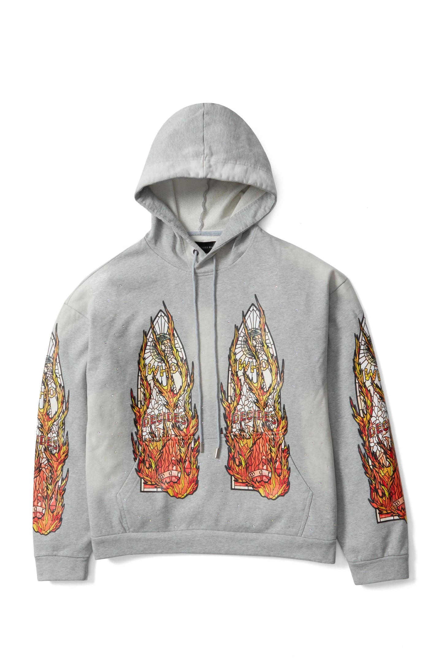 WHO DECIDES WAR gray flame glass hoodie