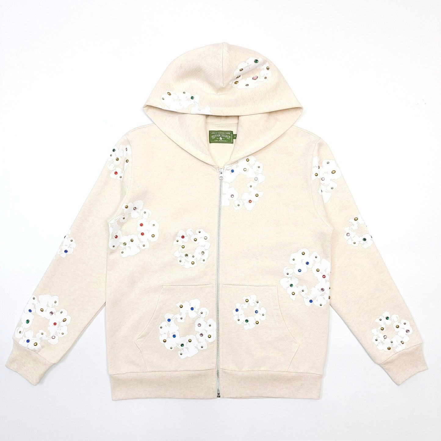 Denim Tears Rhinestone Cotton Wreath Zip Hoodie cream