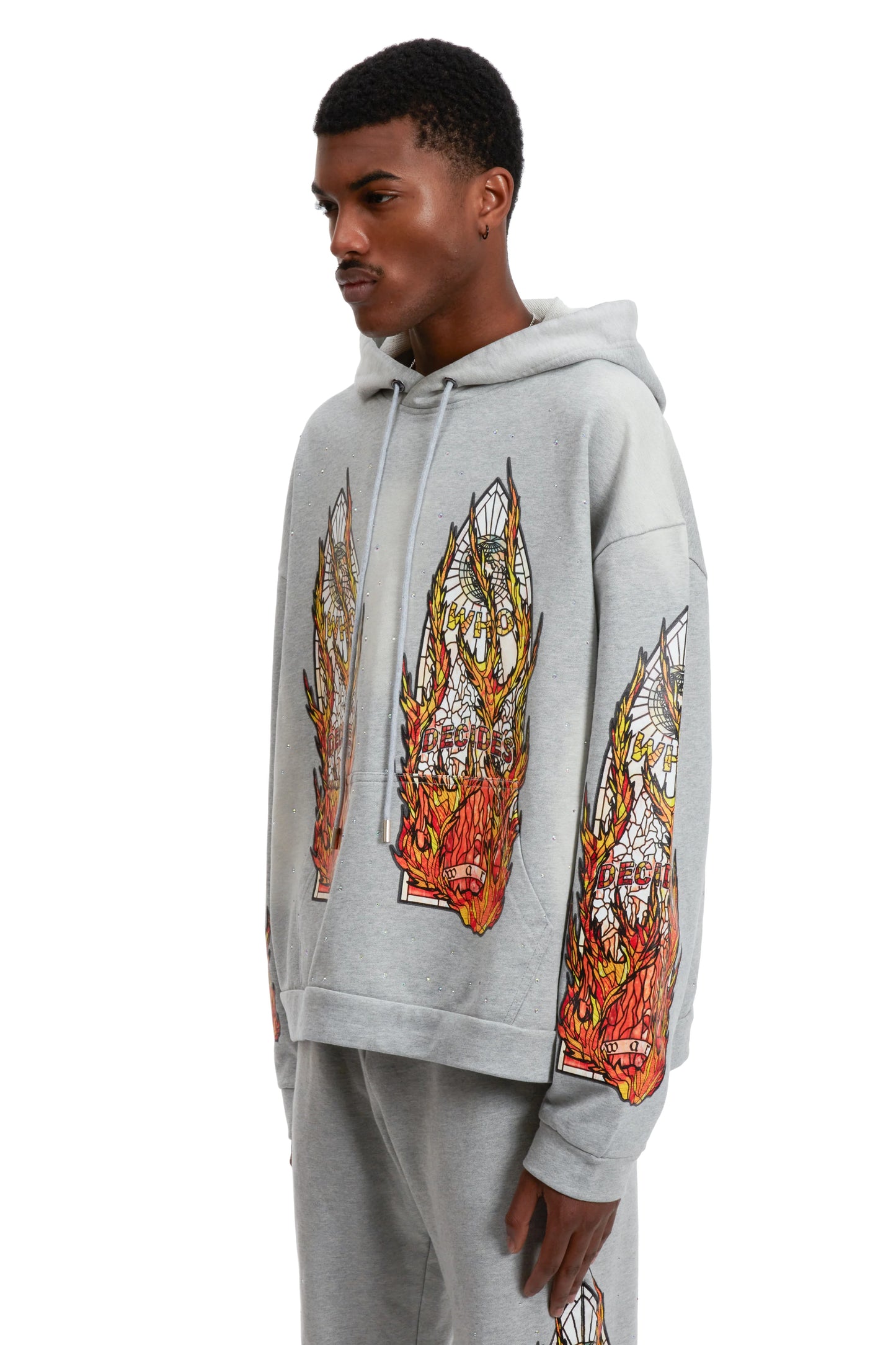 WHO DECIDES WAR gray flame glass hoodie