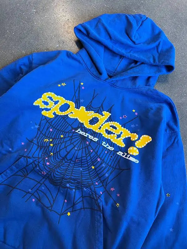 Blue and yellow sp5der hoodie