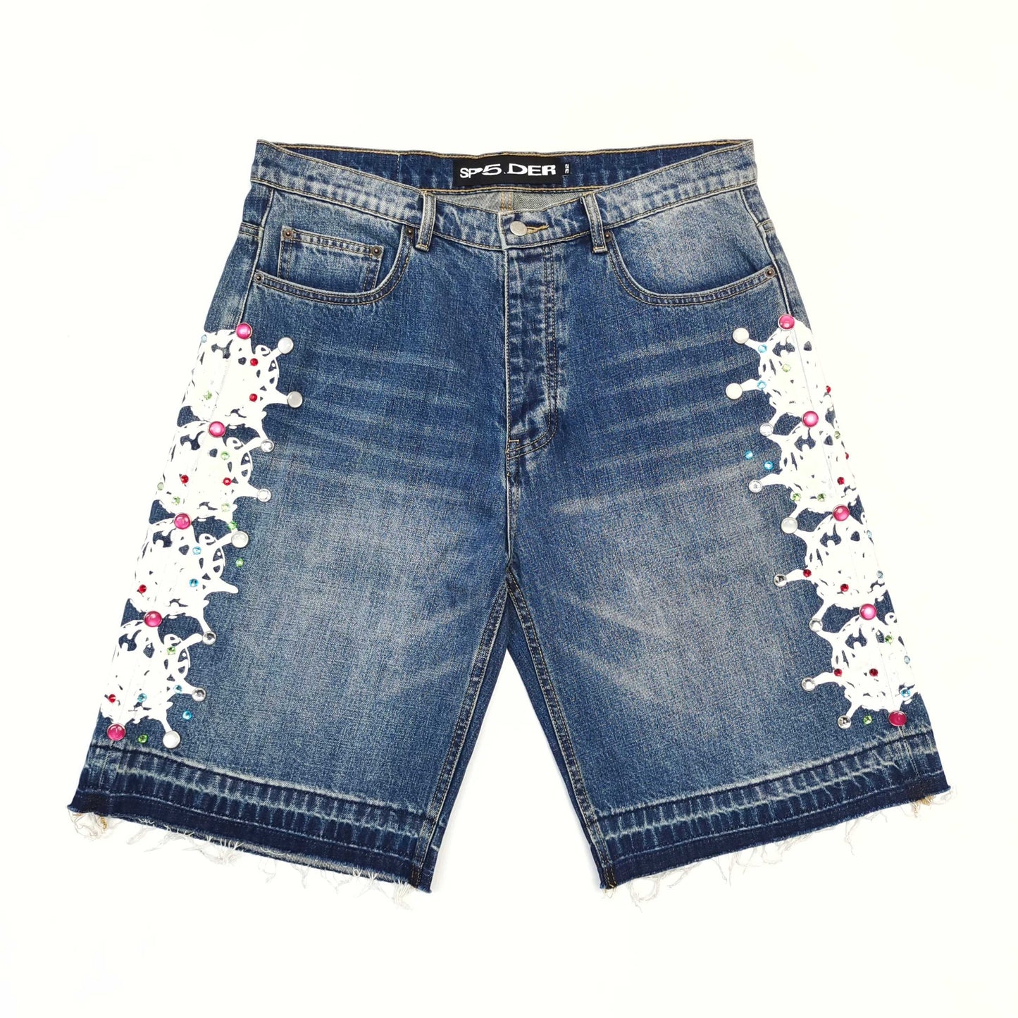Sp5der Web Stone Denim Shorts 'blue Wash