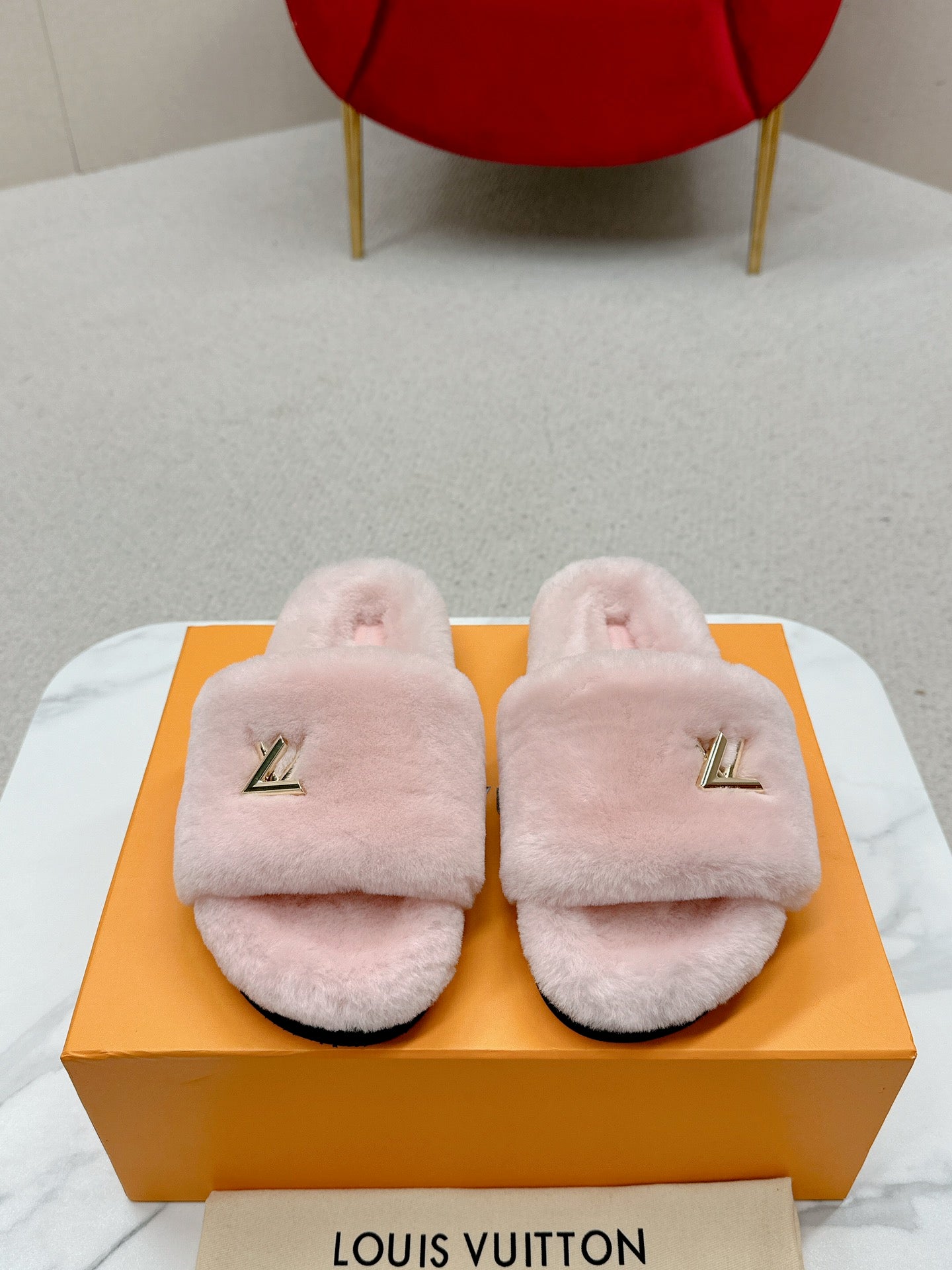 Pink Louis vitton  fur slides