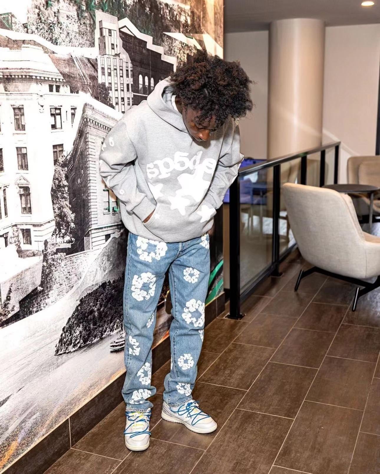 Sp5der worldwide gray  beluga hoodie puff print logo