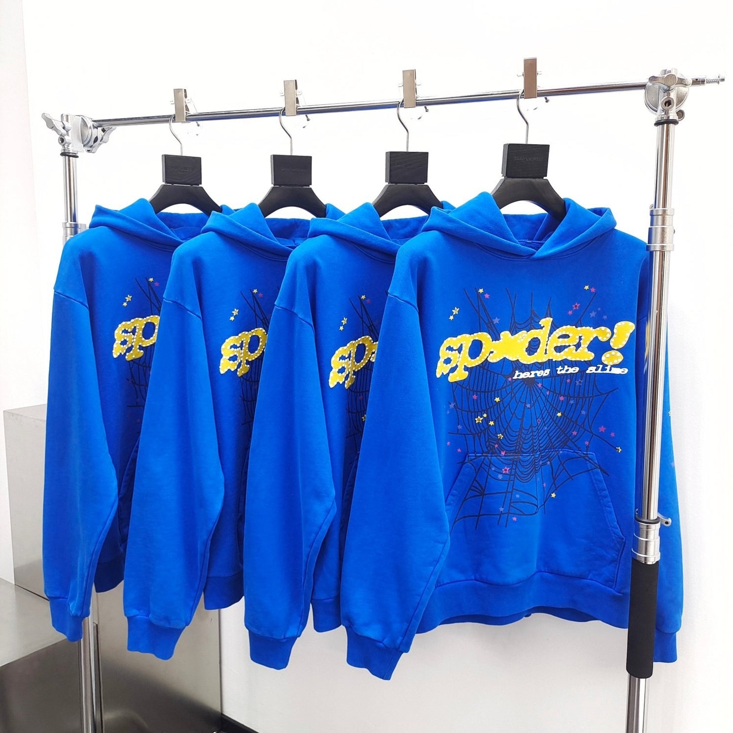 Blue and yellow sp5der hoodie