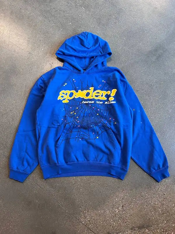 Blue and yellow sp5der hoodie