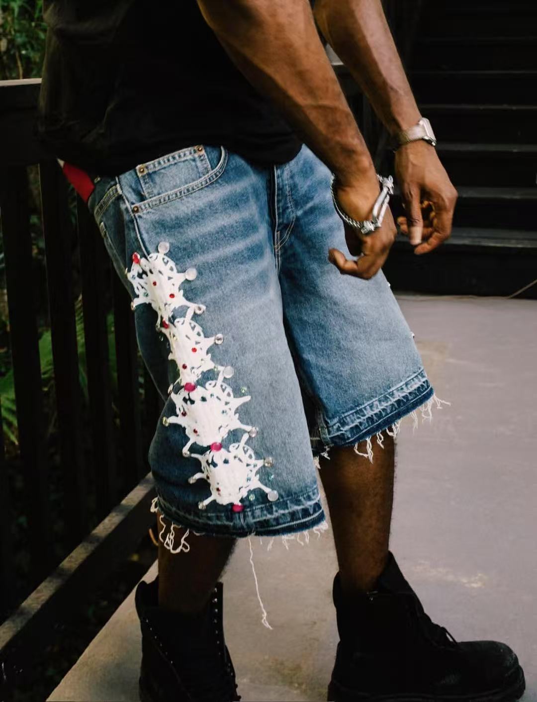 Sp5der Web Stone Denim Shorts 'blue Wash