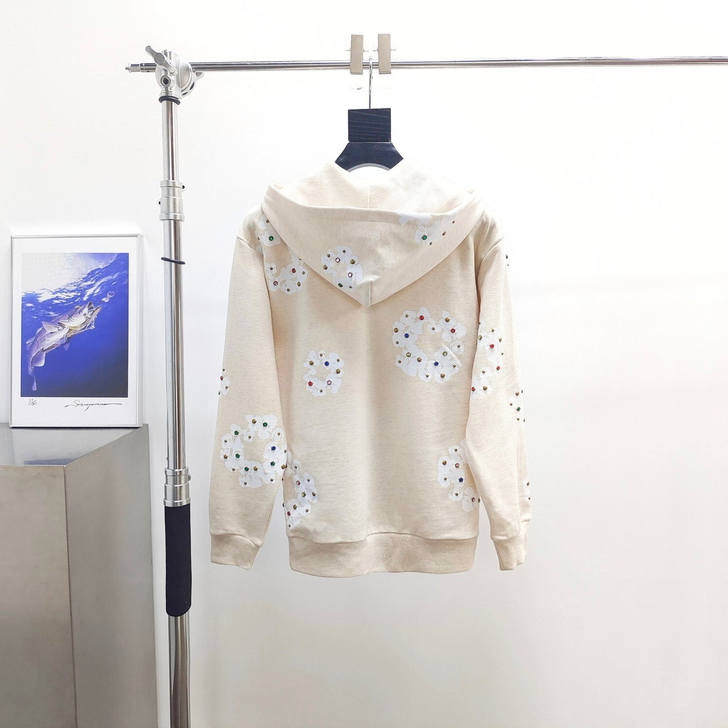 Denim Tears Rhinestone Cotton Wreath Zip Hoodie cream