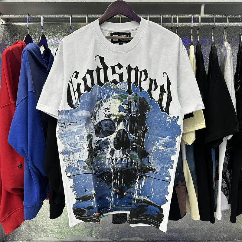 Godspeed Skeleton Landscape Printed Cotton Casual Short Sleeved T-shirt For Men And Women