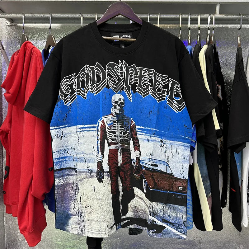Godspeed Skeleton Racing Driver Printed Double Yarn Cotton Casual Short Sleeve T-shirt