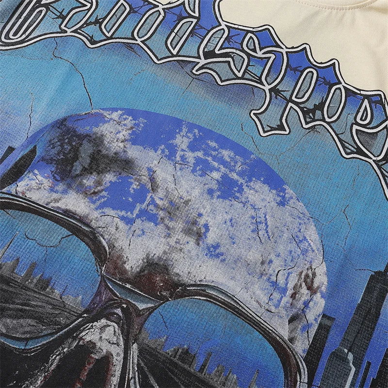 Godspeed Skeleton City Reflection Printed Cotton Casual Short sleeved T-shirt