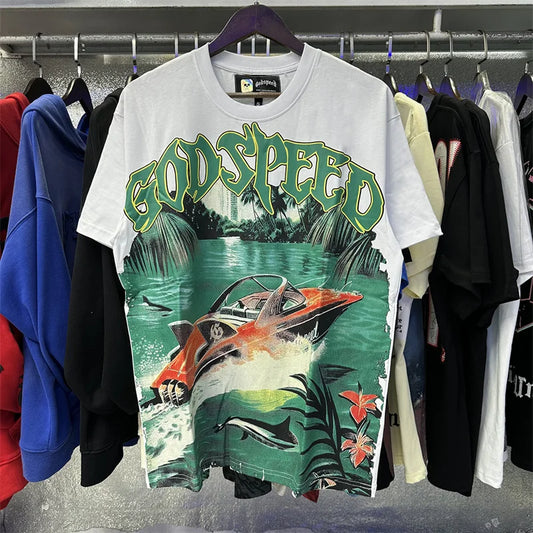 Godspeed Speedboat Print High-Quality Round Neck Short Sleeved Shirt