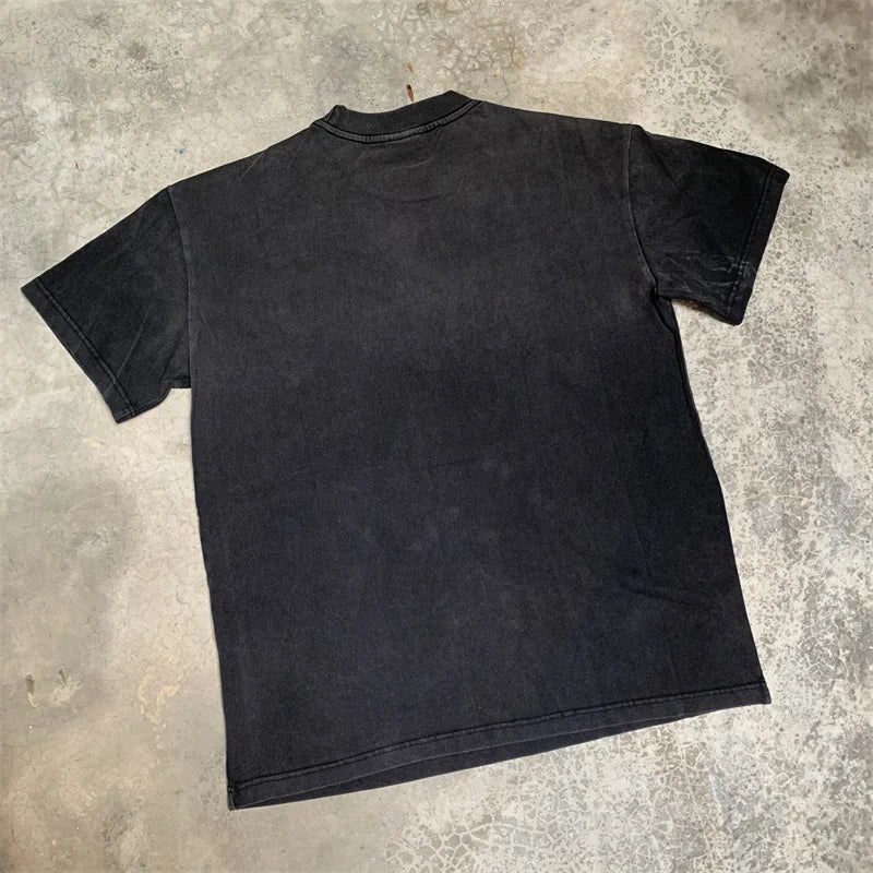 Vale European And American Fashion Pure Cotton Printed Retro Washed Round Neck Black Short Sleeved Shirt