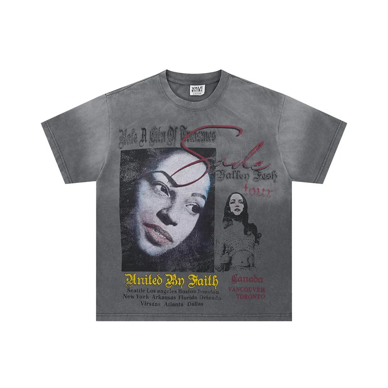 Vale Retro Washed Cement Print Pattern Short Sleeved t-Shirt