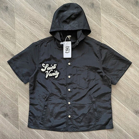 SAINT VANITY Embroidered casual sports trench coat with hooded short sleeves