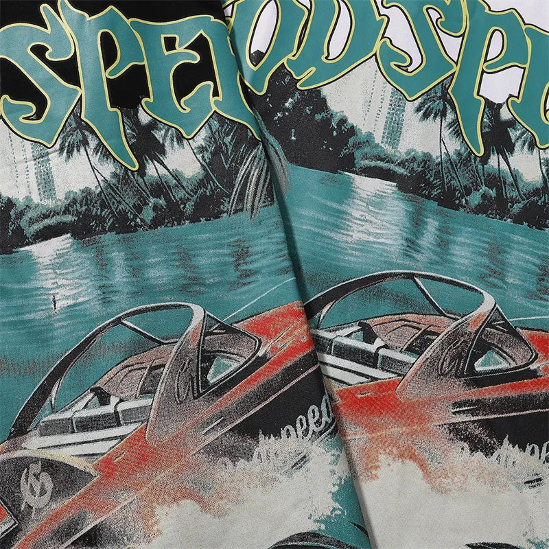 Godspeed Speedboat Print High-Quality Round Neck Short Sleeved Shirt