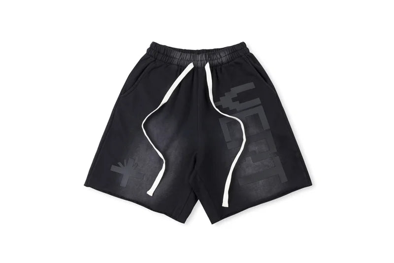 Vert Retro Washed Water Embroidered Mud Print Drawstring Letter Loose Casual Shorts