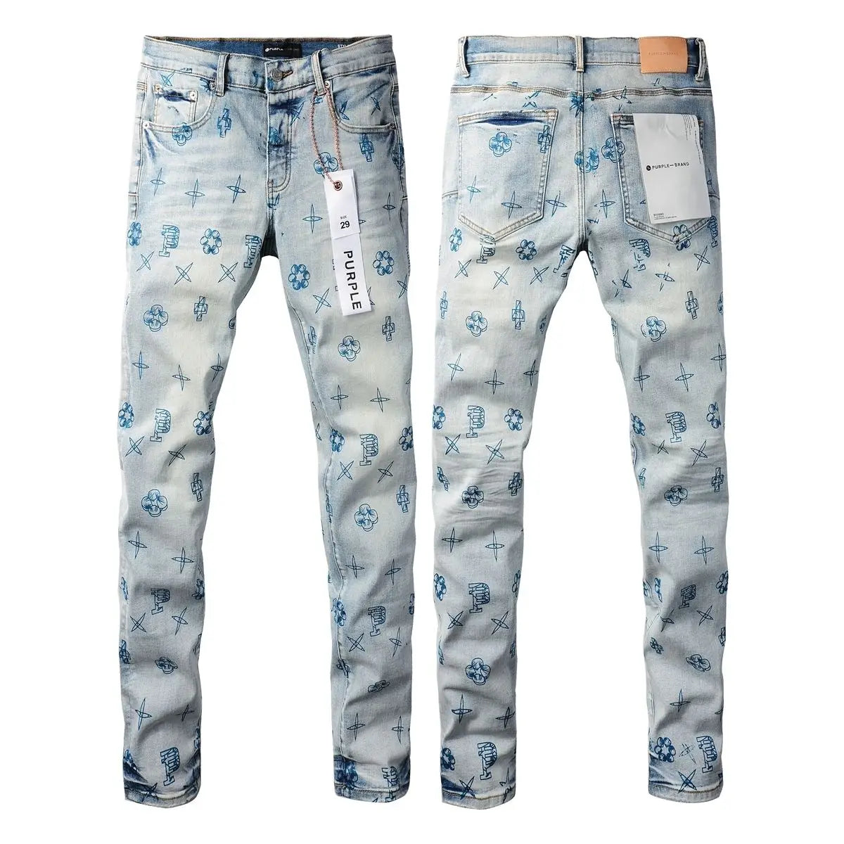Purple new slim-fit hand-painted printed pants light blue