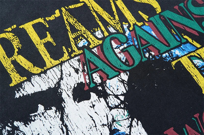 Vale European And American Fashion Pure Cotton Printed Retro Washed Round Neck Black Short Sleeved Shirt