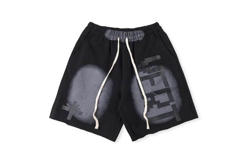 Vert Retro Washed Water Embroidered Mud Print Drawstring Letter Loose Casual Shorts