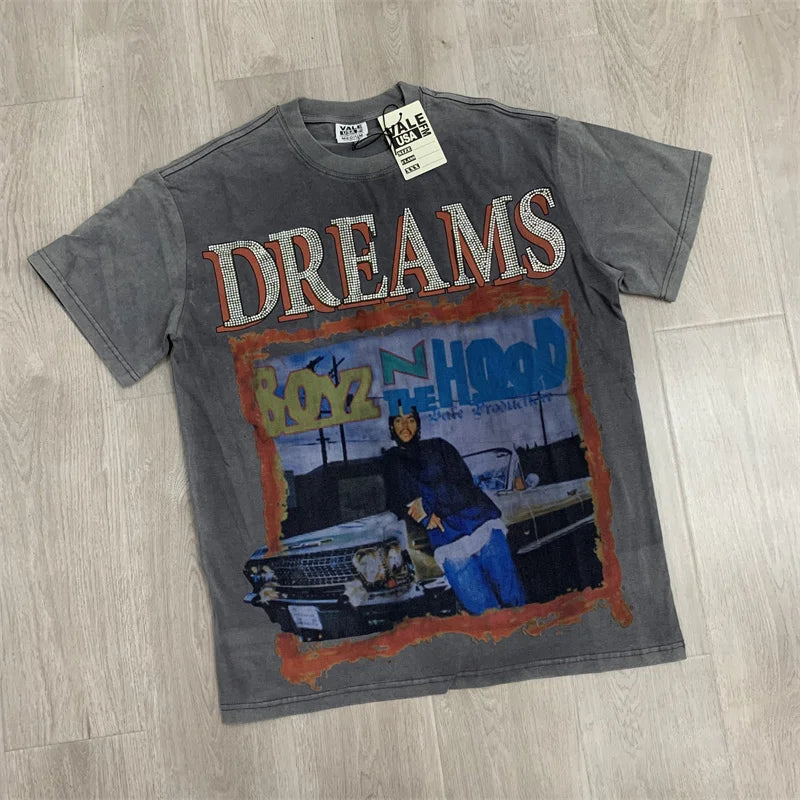 Vale Hot Diamond Washed Water Horse Willow Used Cotton Short sleeved T-shirt
