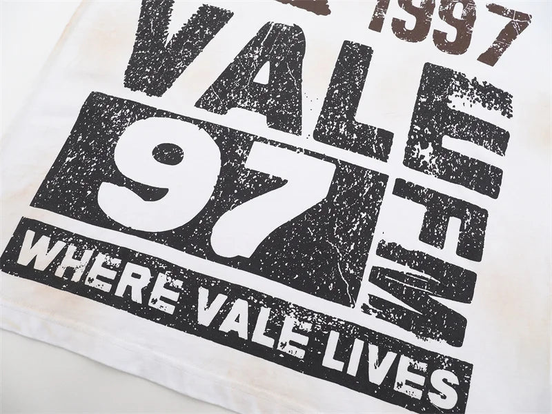 VALE2025 Latest Letter Slogan White Mud Print Fashion T-shirt