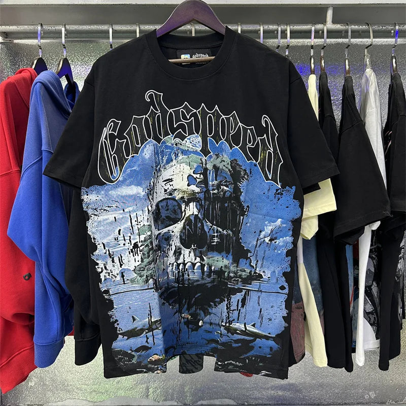 Godspeed Skeleton Landscape Printed Cotton Casual Short Sleeved T-shirt For Men And Women