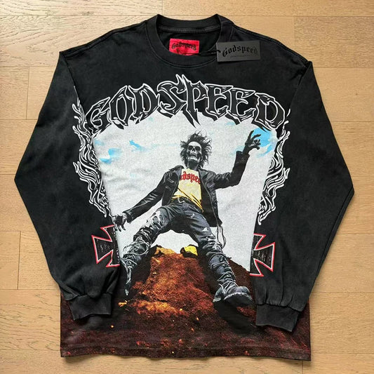 1103 # Godspeed Retro Washed Street Cotton Loose Long Sleeve T-shirt