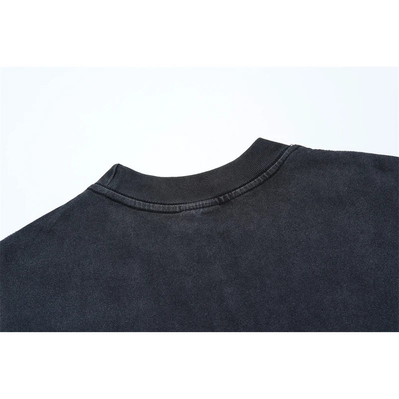 Vale European And American Fashion Pure Cotton Printed Retro Washed Round Neck Black Short Sleeved Shirt