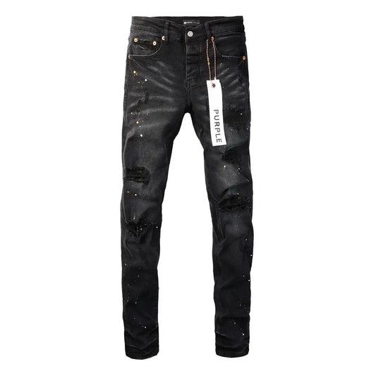 Purple New Men's Knee Ripped Straight Jeans American High Street Inkjet Black Stretch MEN JEANS