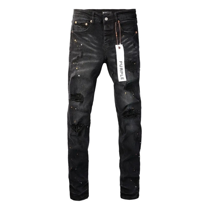 Purple New Men's Knee Ripped Straight Jeans American High Street Inkjet Black Stretch MEN JEANS