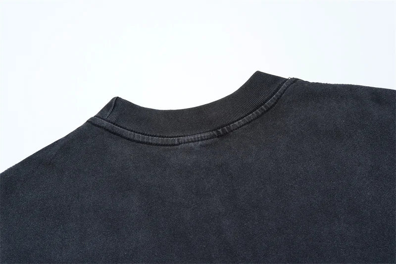 Vale European And American Fashion Pure Cotton Printed Retro Washed Round Neck Black Short Sleeved Shirt