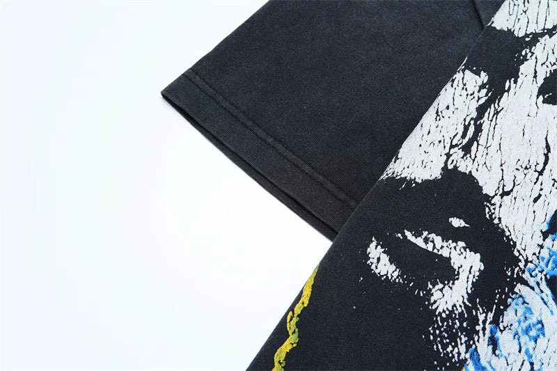 Vale European And American Fashion Pure Cotton Printed Retro Washed Round Neck Black Short Sleeved Shirt