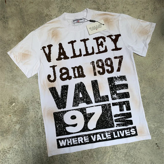 VALE2025 Latest Letter Slogan White Mud Print Fashion T-shirt