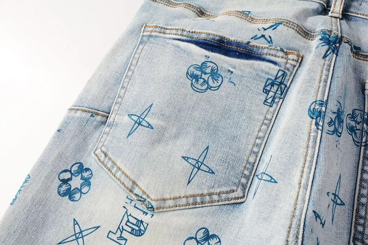 Purple new slim-fit hand-painted printed pants light blue